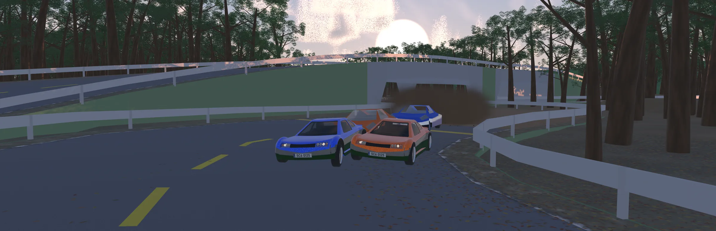 An orange and a blue coupé racing side by side under a bridge at sunset