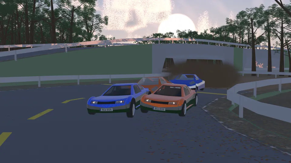 Two coupés side by side under a bridge at sunset, filmed from a free camera in the replay director