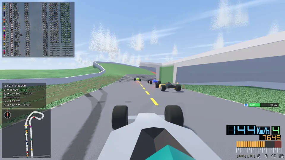 Cockpit view from a single-seater chasing three others, with the 24-car standings on the left