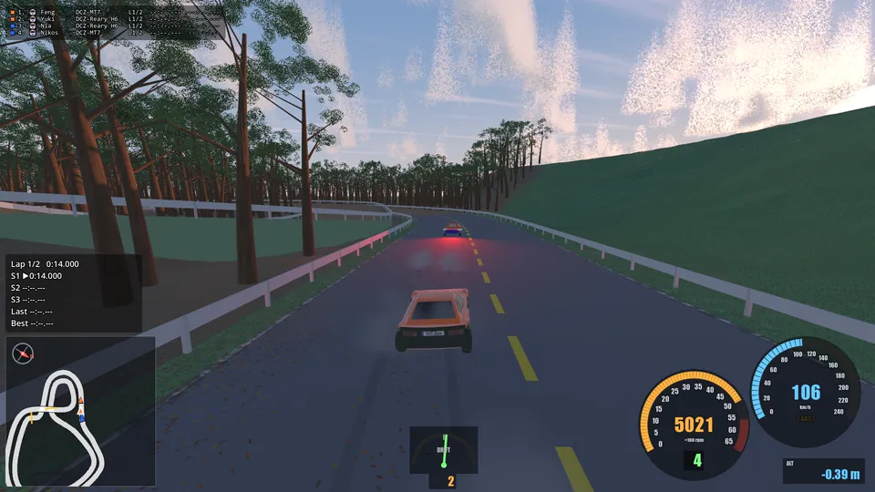 Chase view of an orange car on a forest road, with speedometer, tachometer, drift gauge, lap times and track map