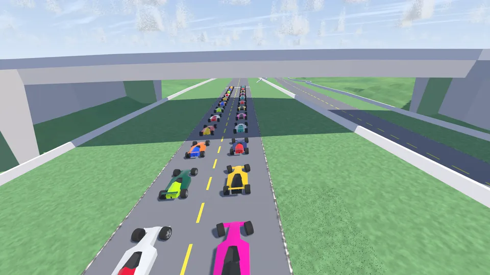 A long grid of single-seaters under a road bridge, with a second road crossing beside it