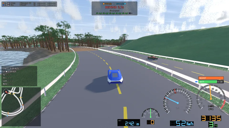 A head-to-head duel: a blue car on one road, its rival on a parallel road, the time gap shown at the top