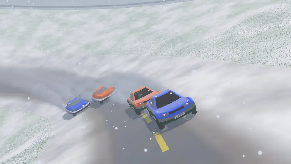 Four cars sliding through a snowy corner while snow falls